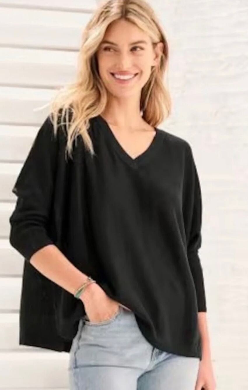 Garnet Hill Linen Oversized V-Neck Sweater Top Black Women's M